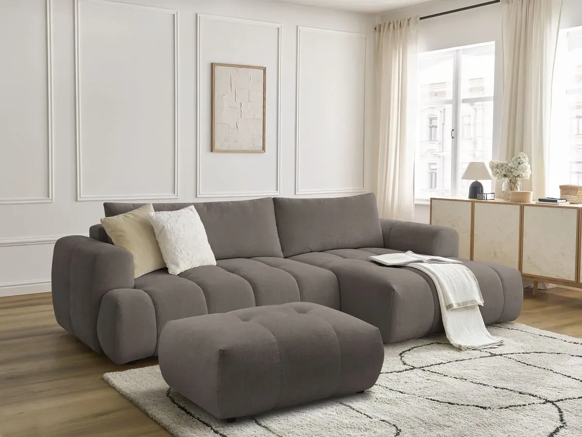 Canapé d'angle convertible FUJI tissu lisse avec pouf taupe  angle droit BOBOCHIC 3 places
