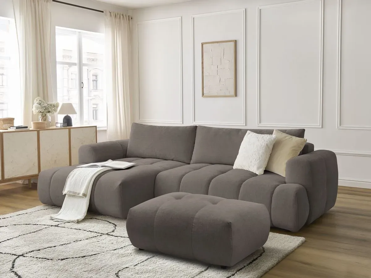 Canapé d'angle convertible FUJI tissu lisse avec pouf taupe  angle gauche BOBOCHIC 3 places