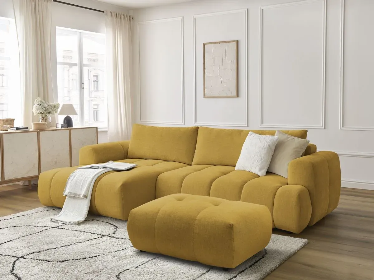 Canapé d'angle convertible FUJI tissu lisse avec pouf jaune  angle gauche BOBOCHIC 3 places