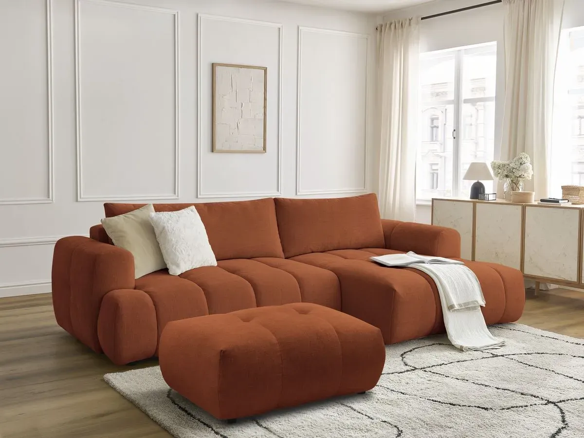 Canapé d'angle convertible FUJI tissu lisse avec pouf orange  angle droit BOBOCHIC 3 places