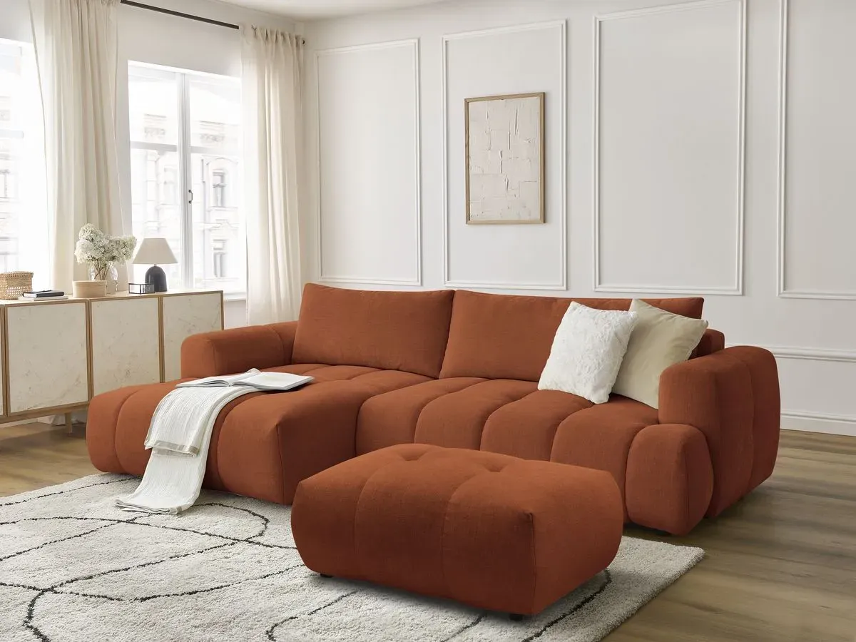 Canapé d'angle convertible FUJI tissu lisse avec pouf orange  angle gauche BOBOCHIC 3 places
