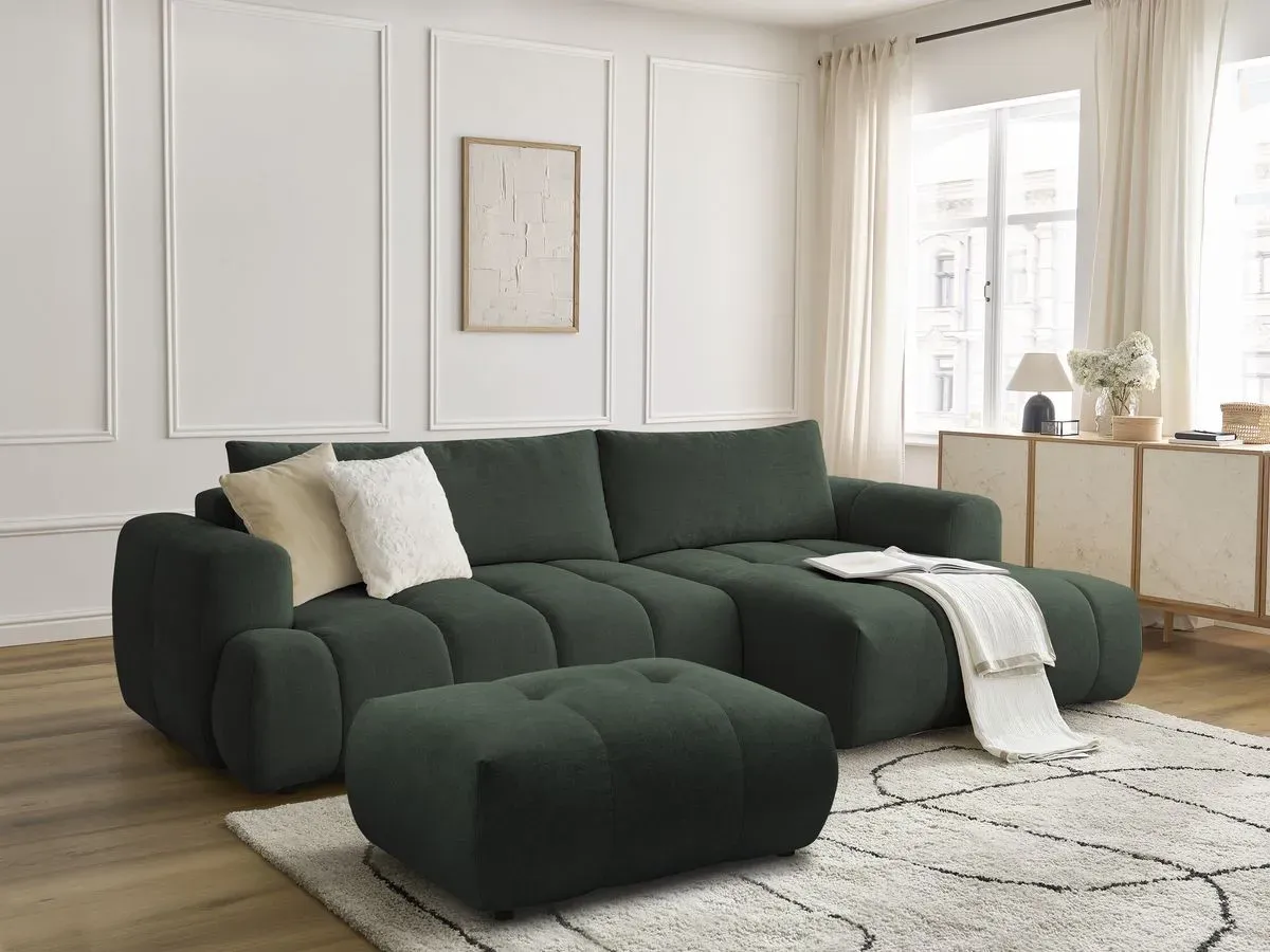 Canapé d'angle convertible FUJI tissu lisse avec pouf vert  angle droit BOBOCHIC 3 places