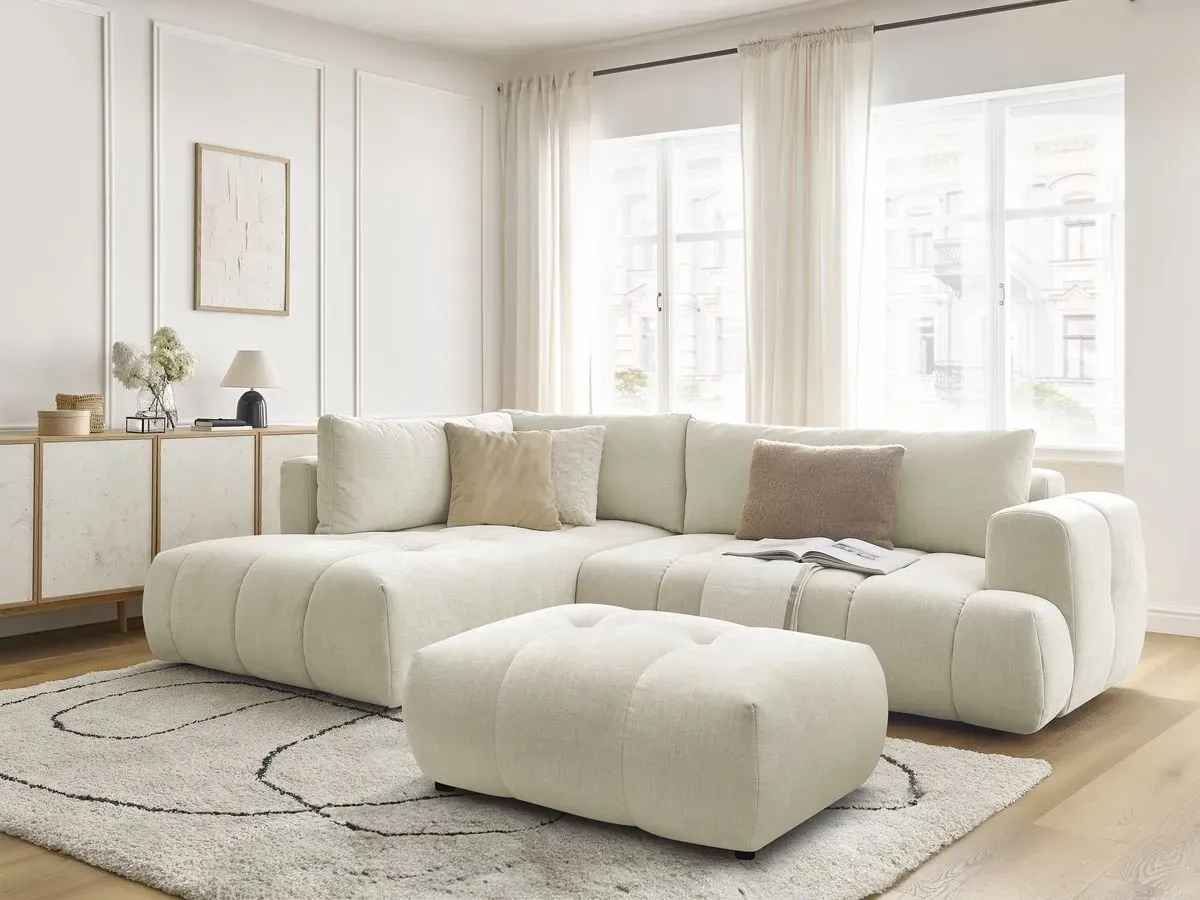 Canapé d'angle L convertible FUJI tissu lisse avec pouf beige  angle gauche BOBOCHIC 4 places