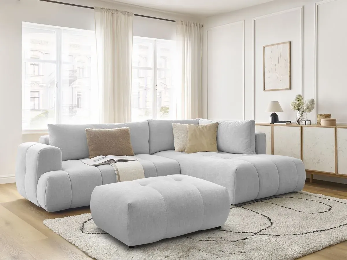 Canapé d'angle L convertible FUJI tissu lisse avec pouf gris clair  angle droit BOBOCHIC 4 places