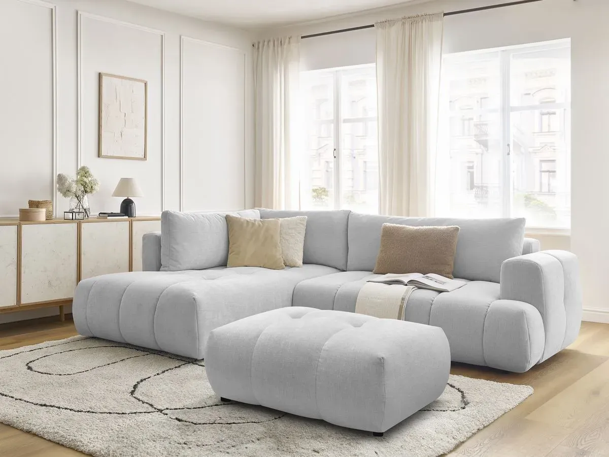 Canapé d'angle L convertible FUJI tissu lisse avec pouf gris clair  angle gauche BOBOCHIC 4 places