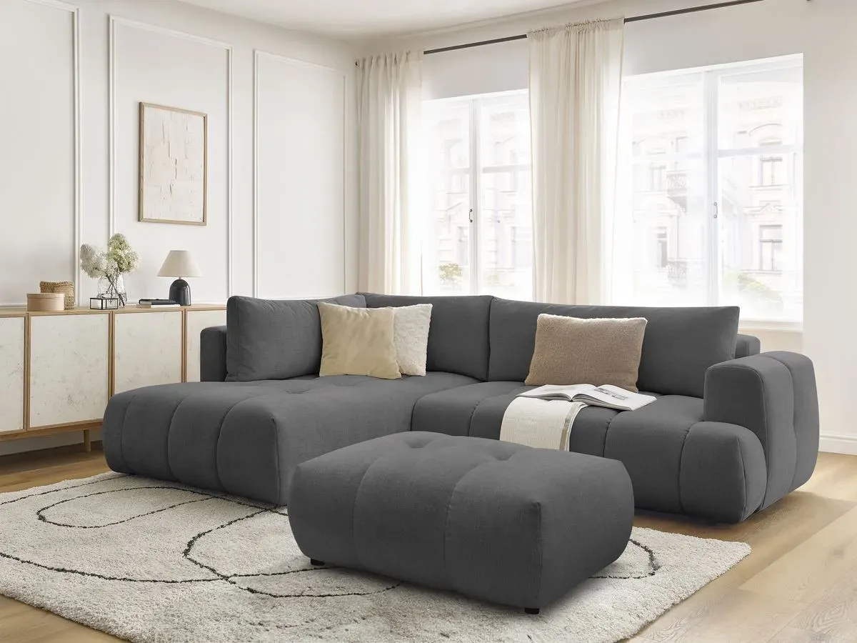 Canapé d'angle L convertible FUJI tissu lisse avec pouf gris foncé  angle gauche BOBOCHIC 4 places