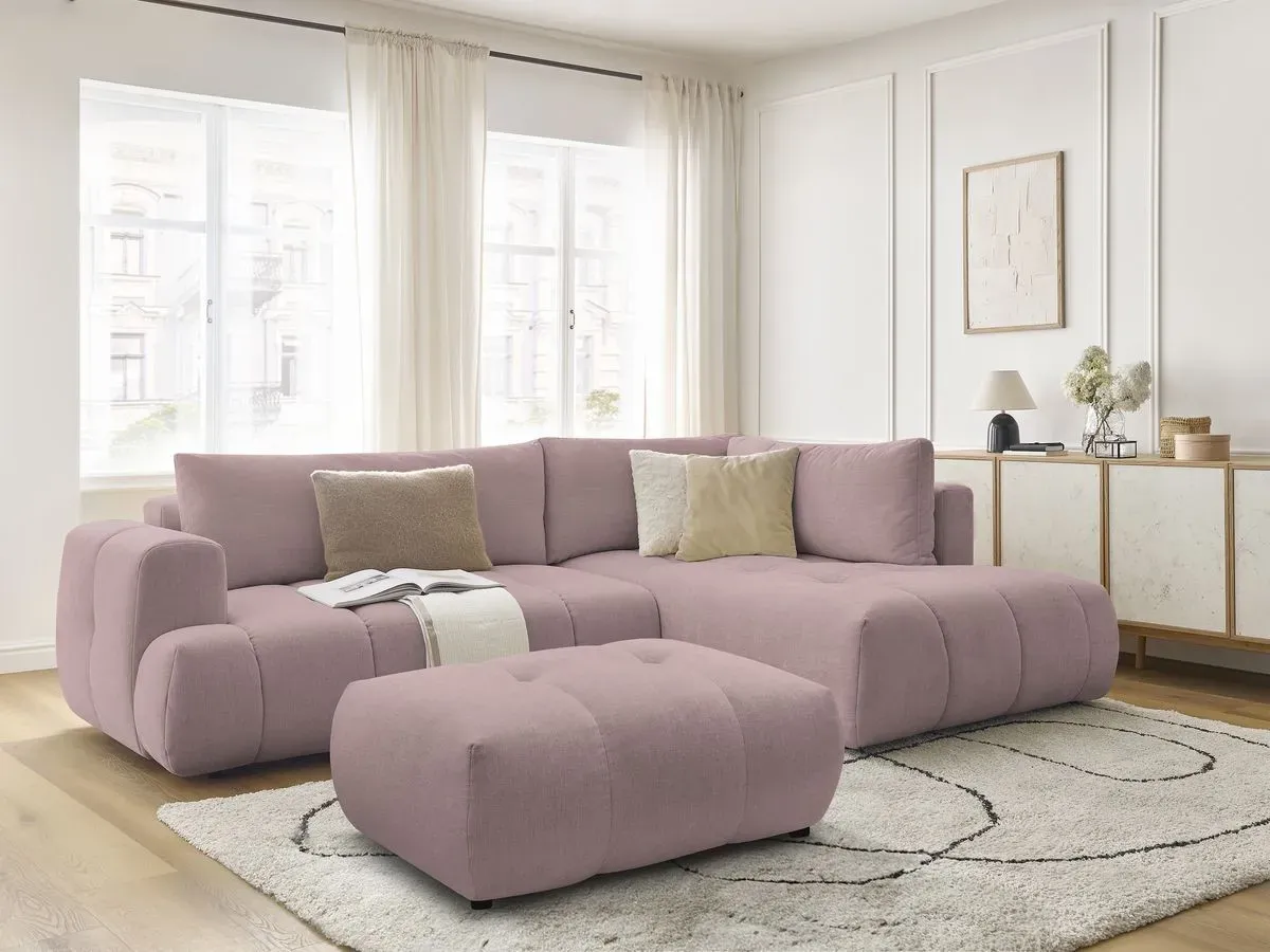 Canapé d'angle L convertible FUJI tissu lisse avec pouf rose  angle droit BOBOCHIC 4 places