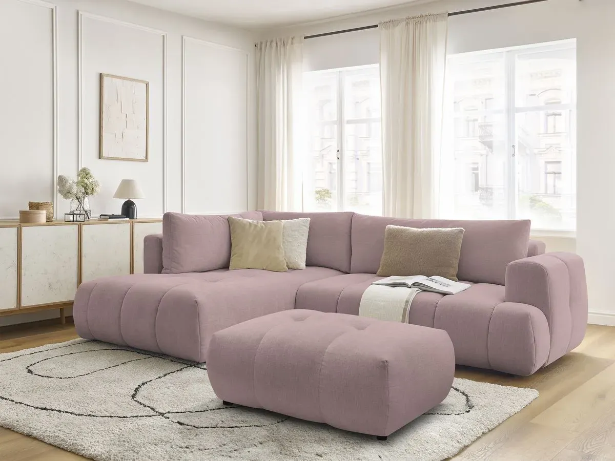 Canapé d'angle L convertible FUJI tissu lisse avec pouf rose  angle gauche BOBOCHIC 4 places