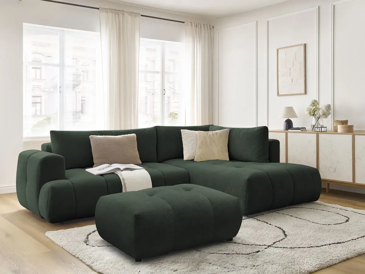 Canapé d'angle L convertible FUJI tissu lisse avec pouf vert  angle droit BOBOCHIC 4 places