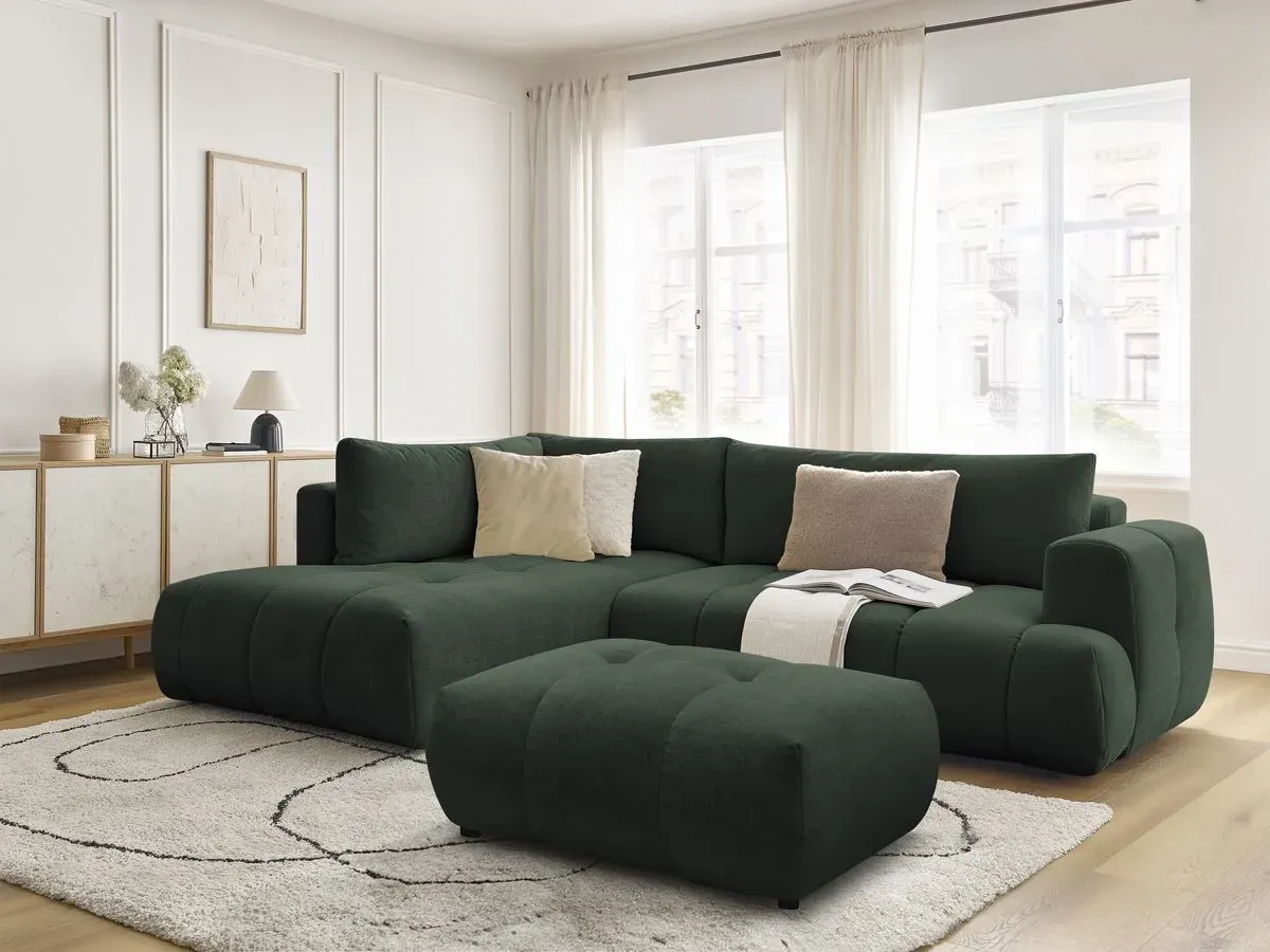 Canapé d'angle L convertible FUJI tissu lisse avec pouf vert  angle gauche BOBOCHIC 4 places