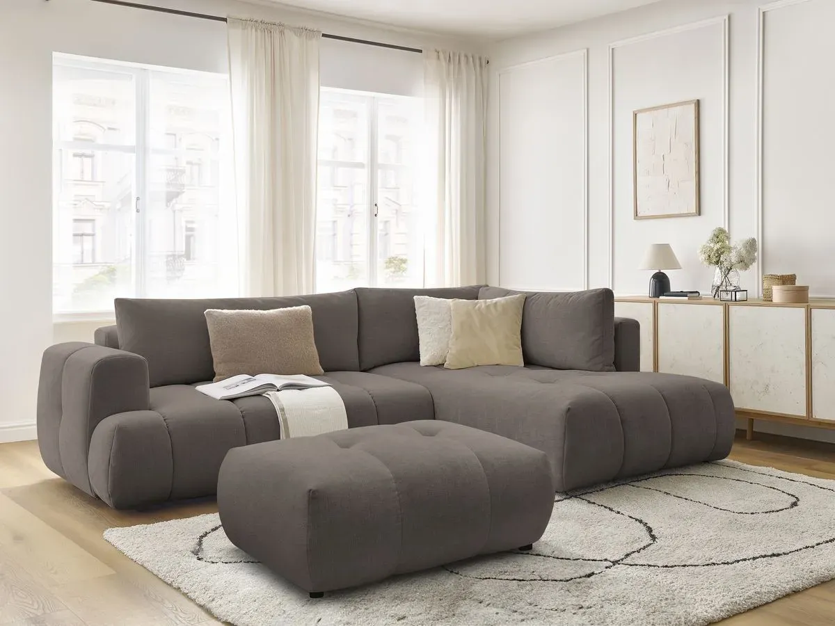 Canapé d'angle L convertible FUJI tissu lisse avec pouf taupe  angle droit BOBOCHIC 4 places