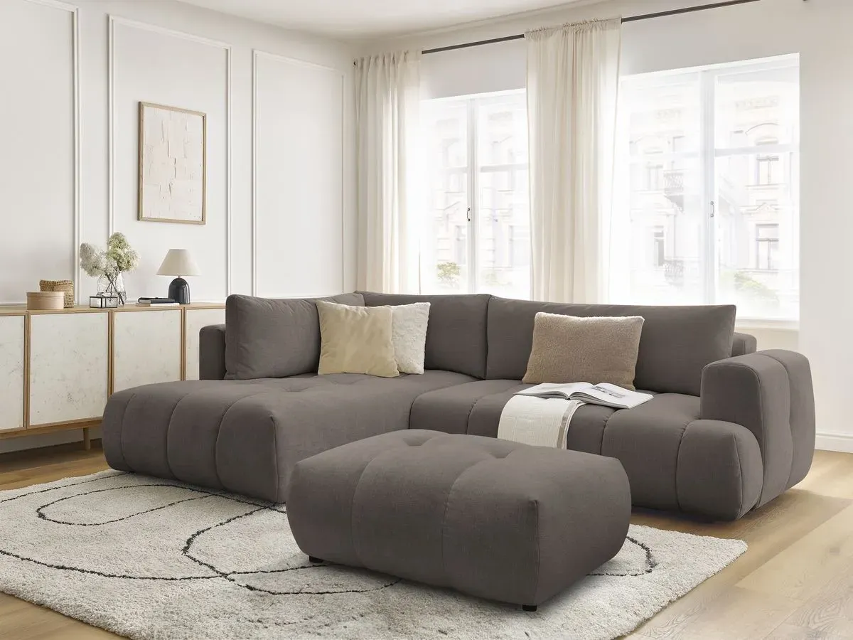 Canapé d'angle L convertible FUJI tissu lisse avec pouf taupe  angle gauche BOBOCHIC 4 places