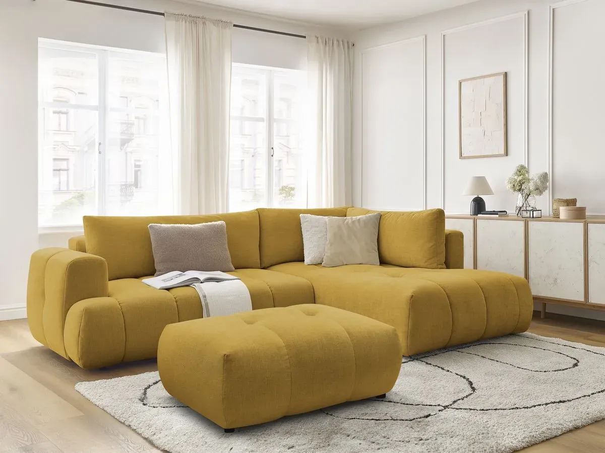 Canapé d'angle L convertible FUJI tissu lisse avec pouf jaune  angle droit BOBOCHIC 4 places