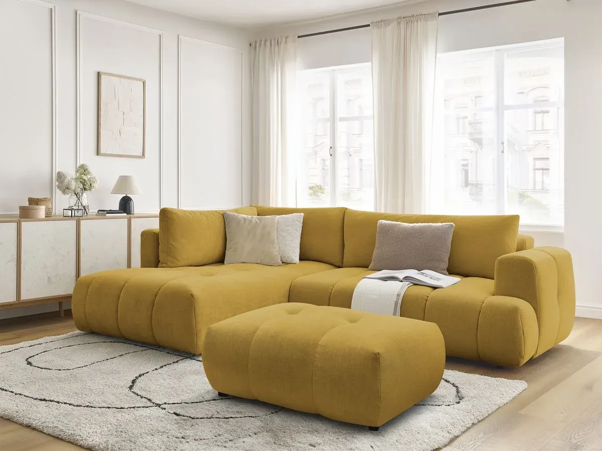 Canapé d'angle L convertible FUJI tissu lisse avec pouf jaune  angle gauche BOBOCHIC 4 places