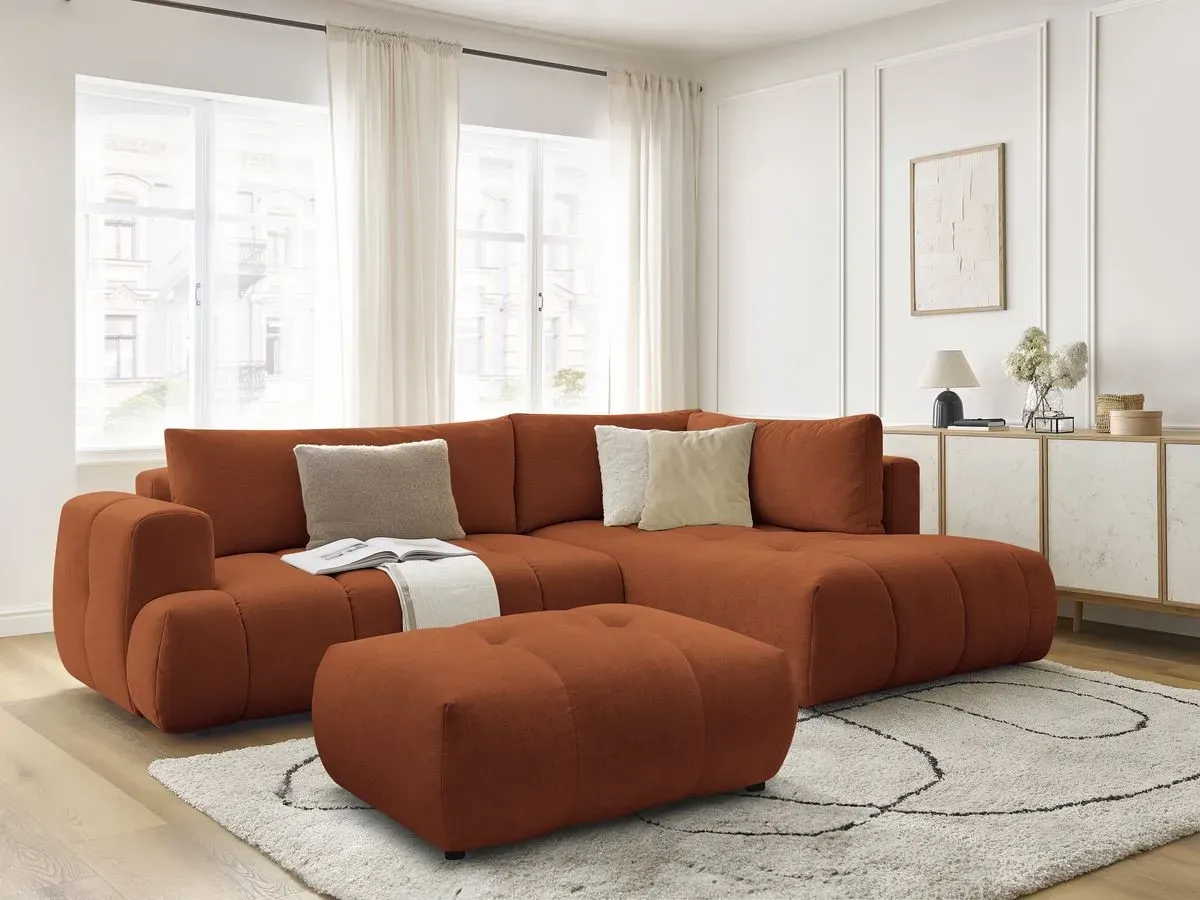 Canapé d'angle L convertible FUJI tissu lisse avec pouf orange  angle droit BOBOCHIC 4 places
