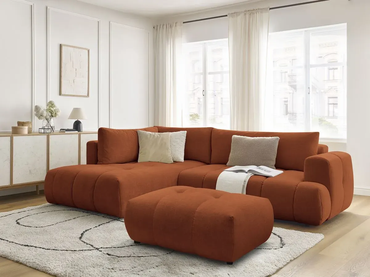 Canapé d'angle L convertible FUJI tissu lisse avec pouf orange  angle gauche BOBOCHIC 4 places