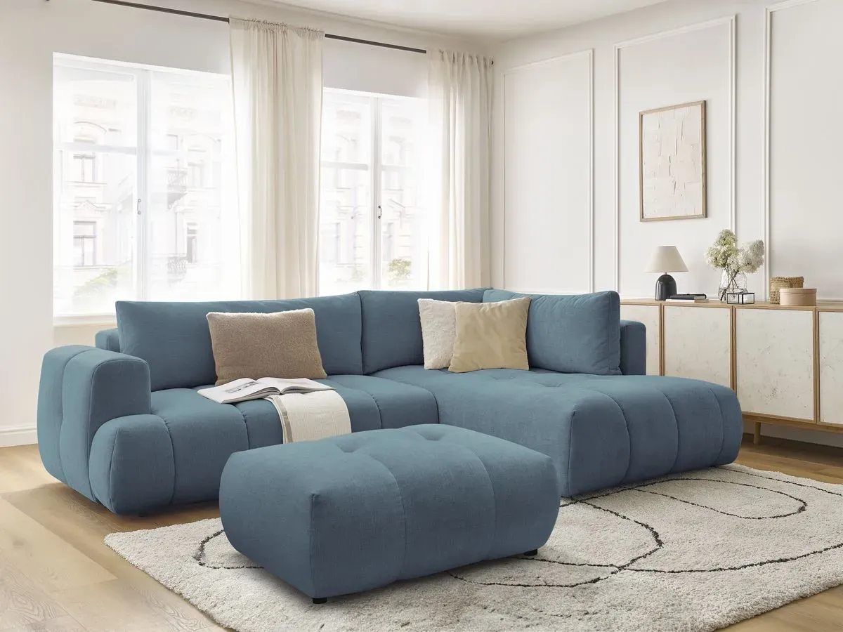 Canapé d'angle L convertible FUJI tissu lisse avec pouf bleu clair  angle droit BOBOCHIC 4 places