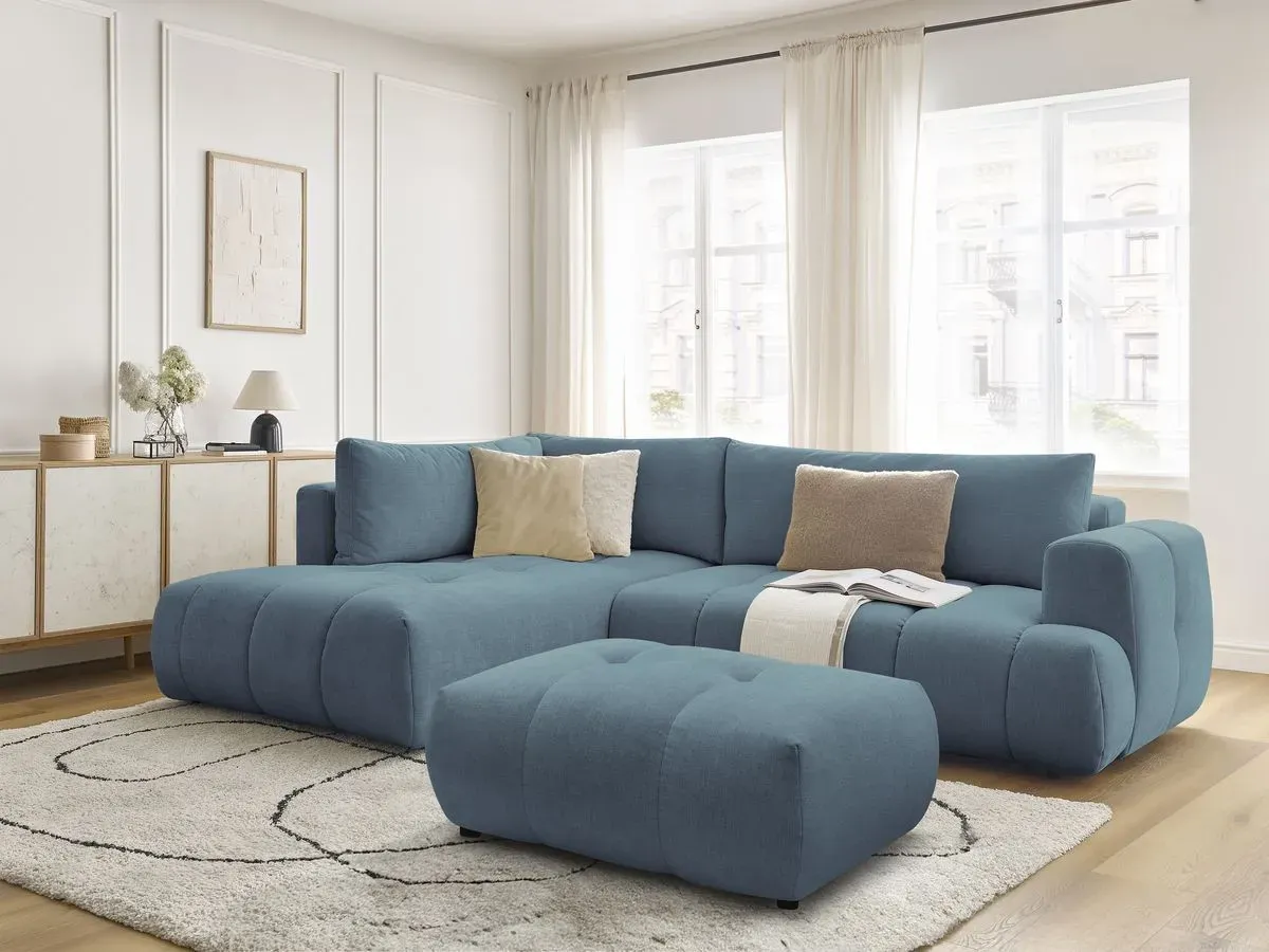 Canapé d'angle L convertible FUJI tissu lisse avec pouf bleu clair  angle gauche BOBOCHIC 4 places