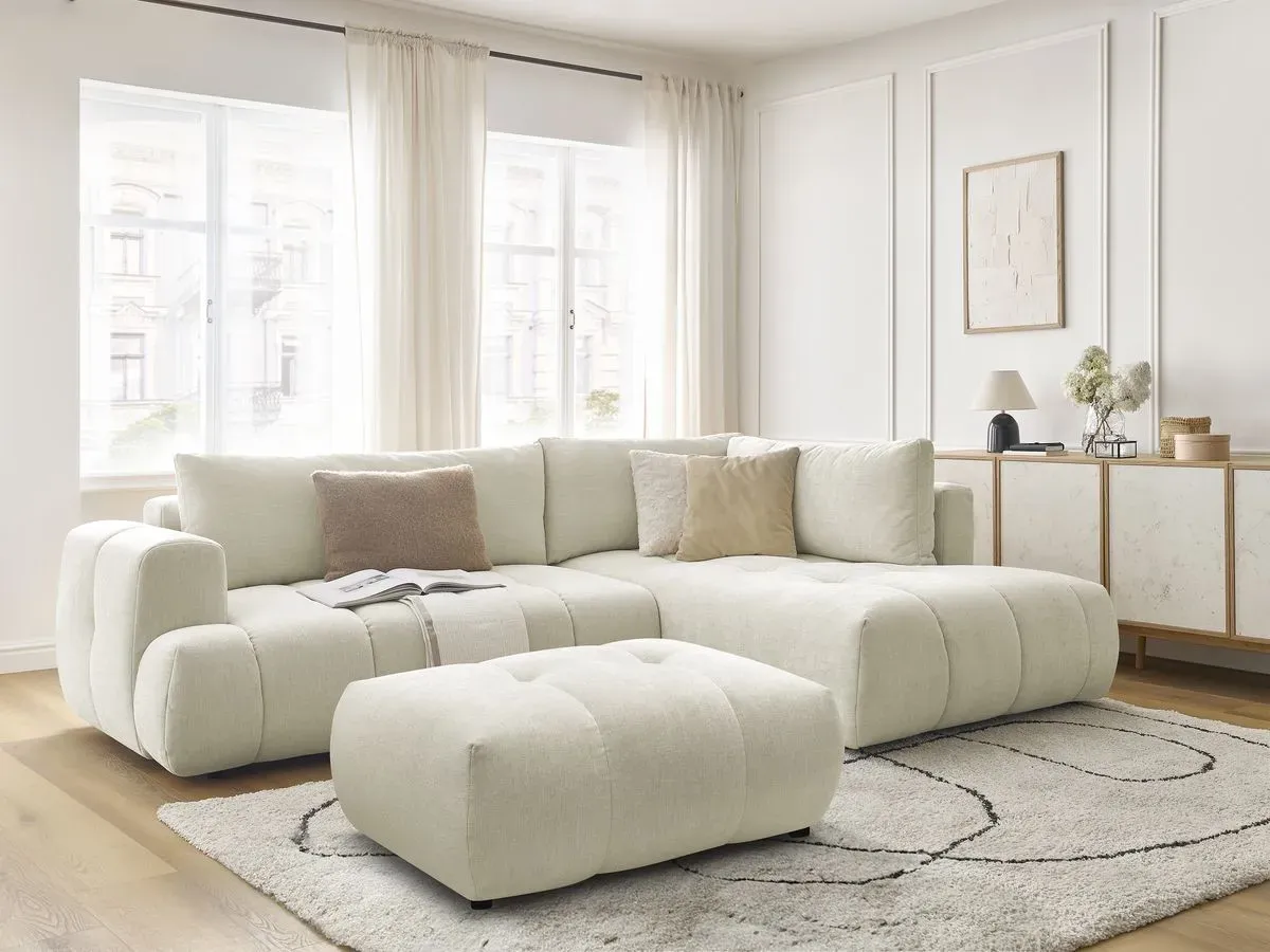 Canapé d'angle L convertible FUJI tissu lisse avec pouf beige  angle droit BOBOCHIC 4 places