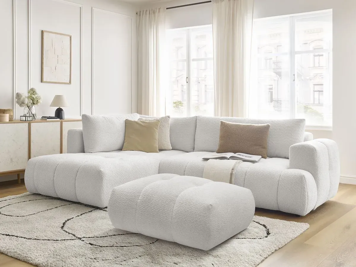 Canapé d'angle L convertible FUJI tissu bouclette avec pouf blanc  angle gauche BOBOCHIC 4 places