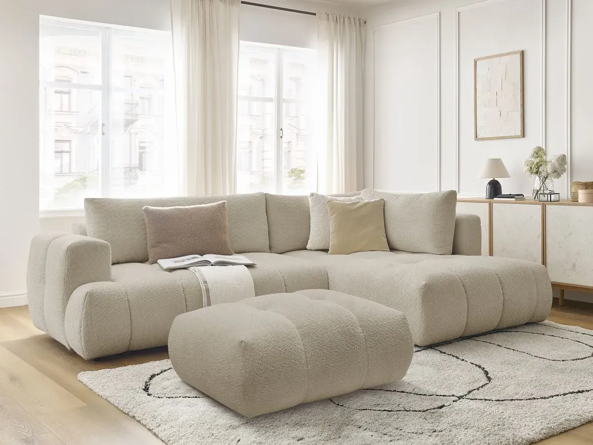 Canapé d'angle L convertible FUJI tissu bouclette avec pouf beige  angle droit BOBOCHIC 4 places