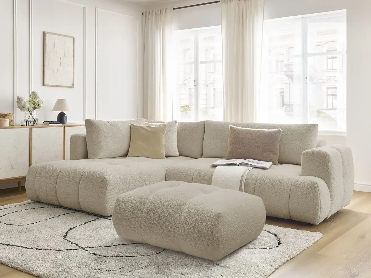 Canapé d'angle L convertible FUJI tissu bouclette avec pouf beige  angle gauche BOBOCHIC 4 places
