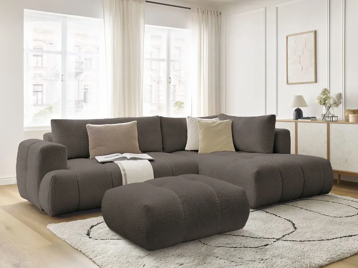 Canapé d'angle L convertible FUJI tissu bouclette avec pouf marron  angle droit BOBOCHIC 4 places