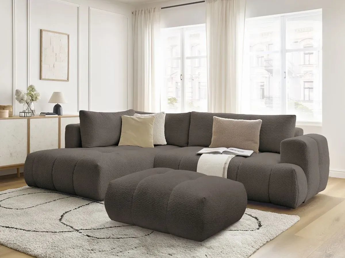 Canapé d'angle L convertible FUJI tissu bouclette avec pouf marron  angle gauche BOBOCHIC 4 places