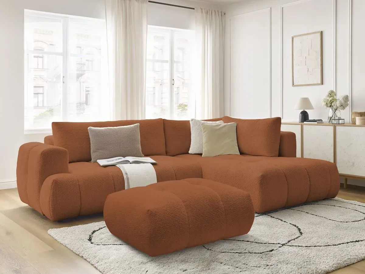 Canapé d'angle L convertible FUJI tissu bouclette avec pouf orange  angle droit BOBOCHIC 4 places
