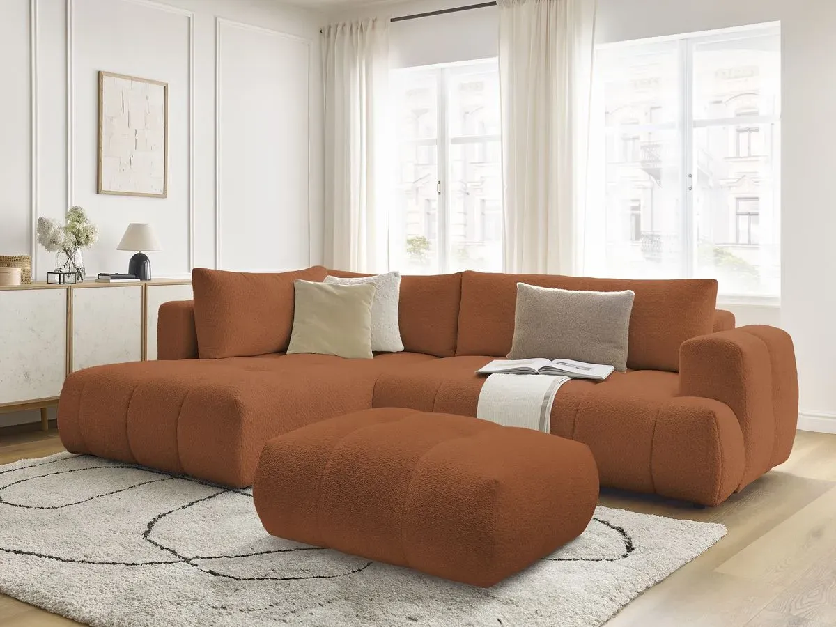 Canapé d'angle L convertible FUJI tissu bouclette avec pouf orange  angle gauche BOBOCHIC 4 places