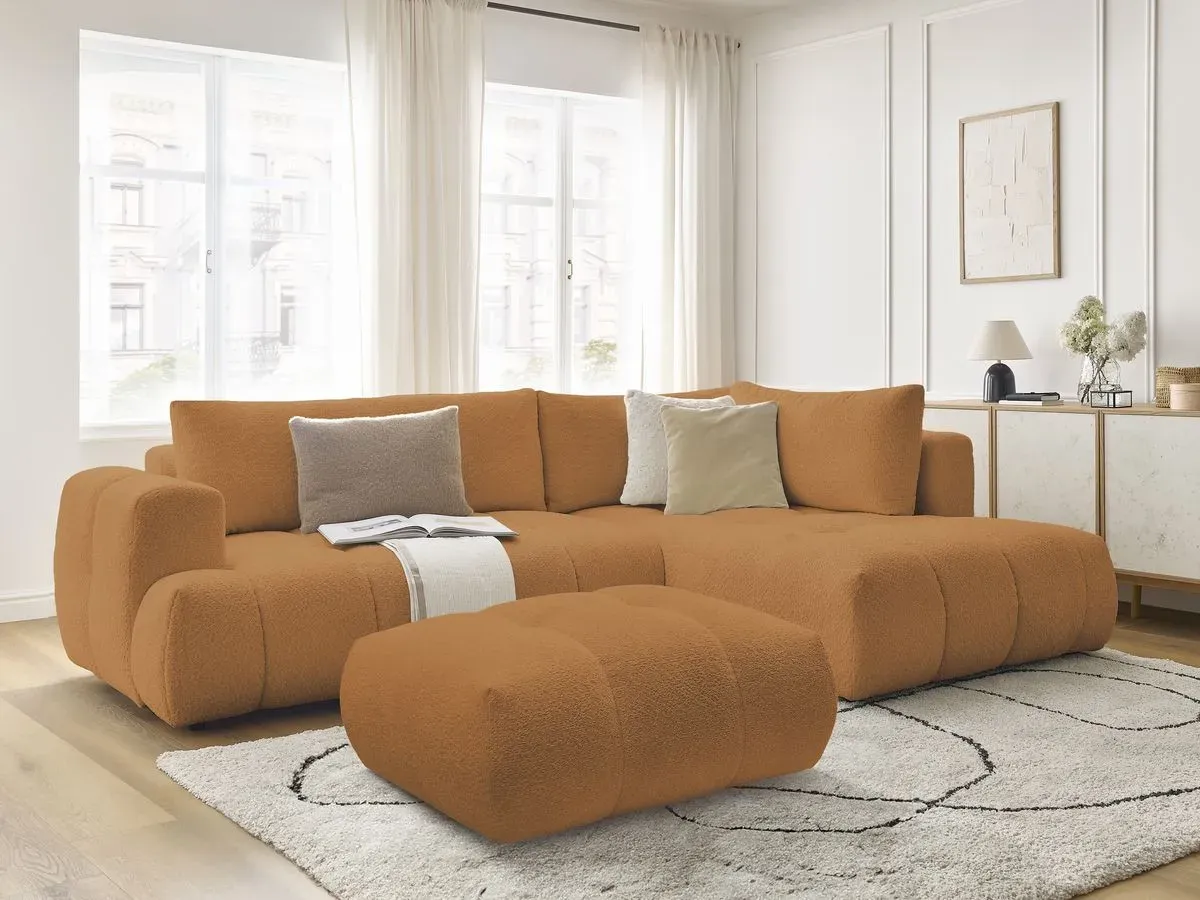 Canapé d'angle L convertible FUJI tissu bouclette avec pouf jaune  angle droit BOBOCHIC 4 places