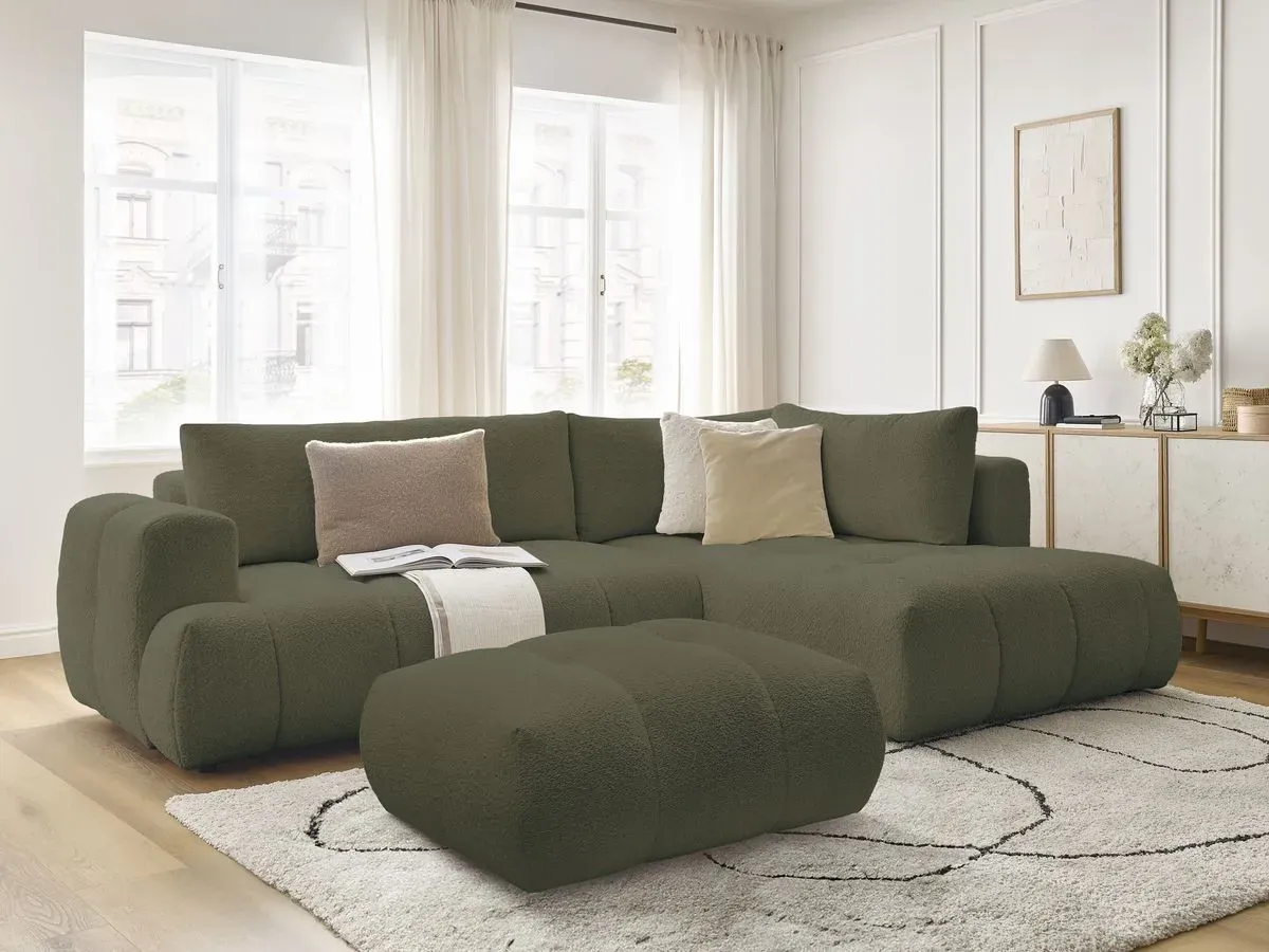 Canapé d'angle L convertible FUJI tissu bouclette avec pouf vert  angle droit BOBOCHIC 4 places
