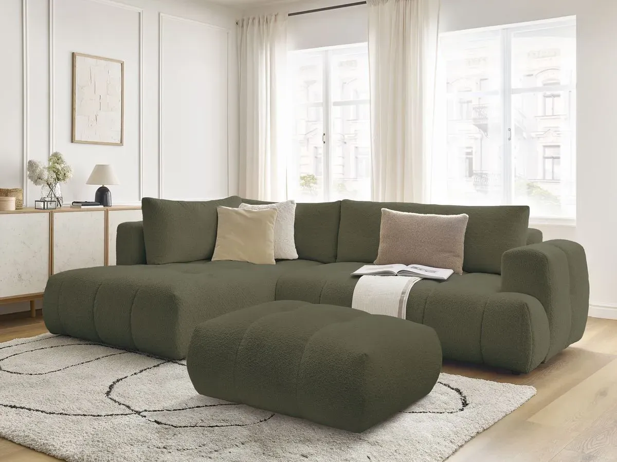 Canapé d'angle L convertible FUJI tissu bouclette avec pouf vert  angle gauche BOBOCHIC 4 places