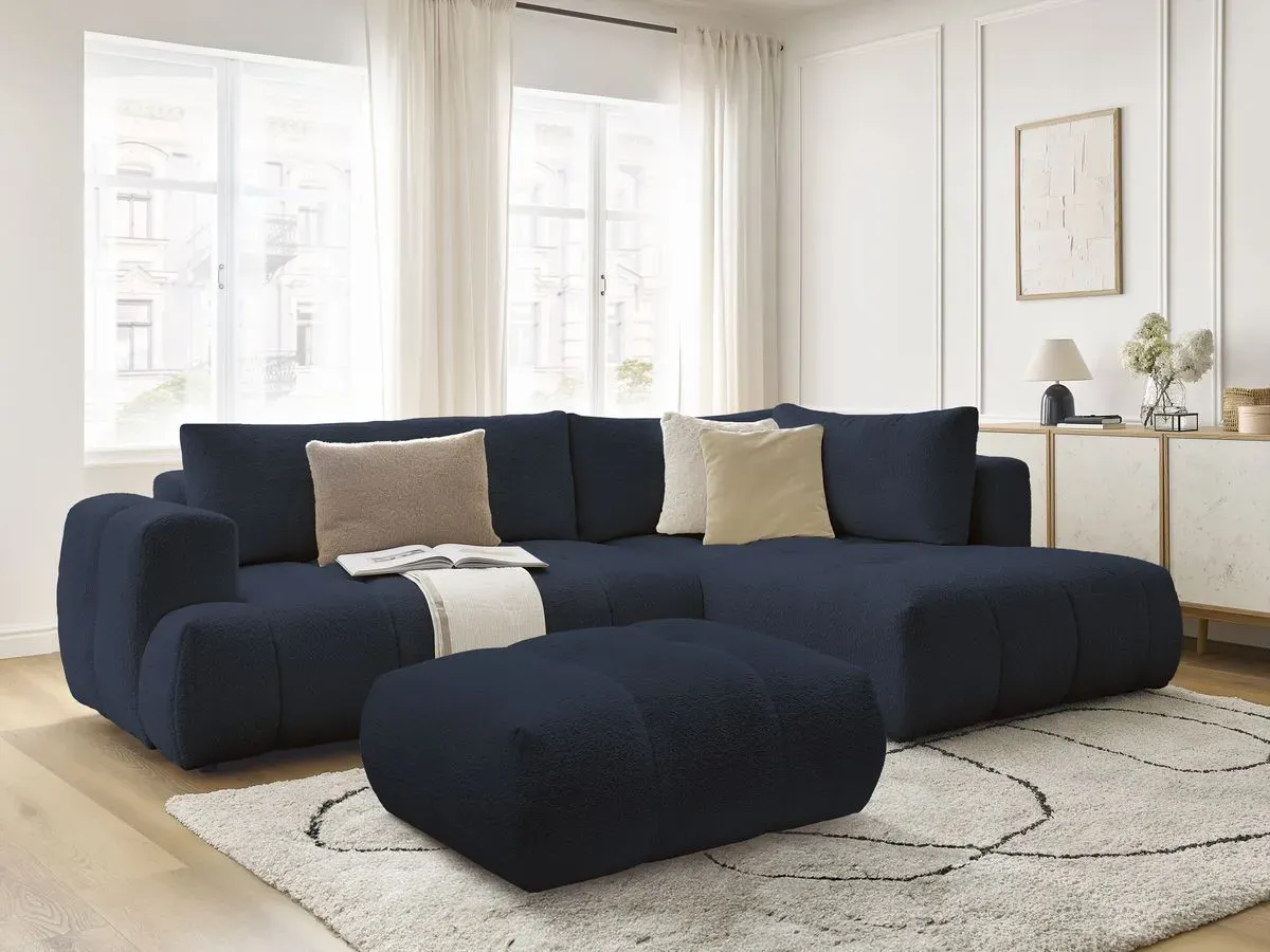 Canapé d'angle L convertible FUJI tissu bouclette avec pouf bleu foncé  angle droit BOBOCHIC 4 places