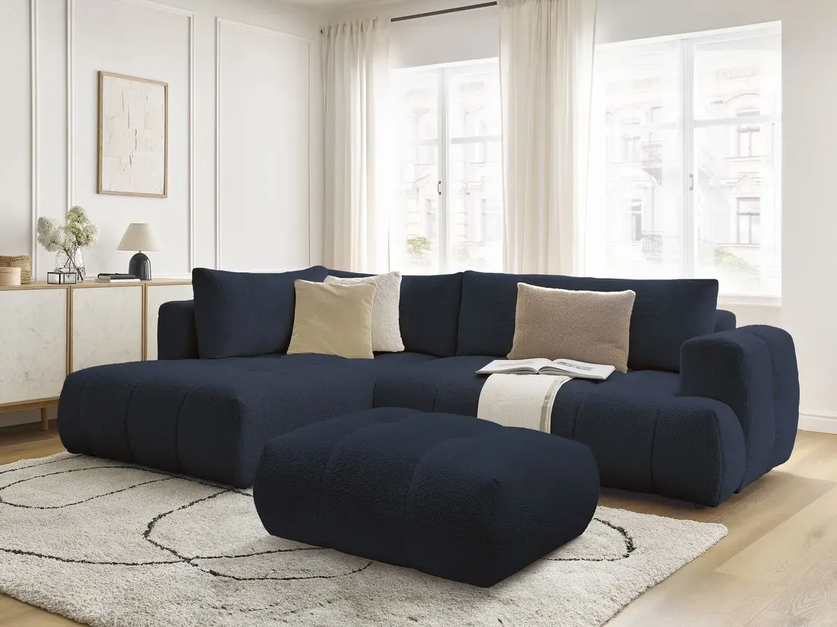 Canapé d'angle L convertible FUJI tissu bouclette avec pouf bleu foncé  angle gauche BOBOCHIC 4 places