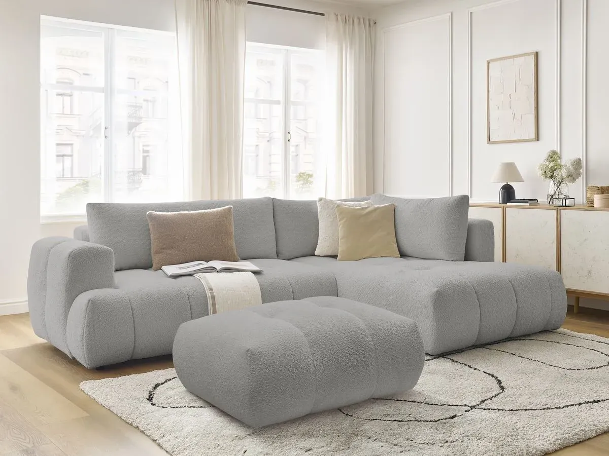Canapé d'angle L convertible FUJI tissu bouclette avec pouf gris clair  angle droit BOBOCHIC 4 places