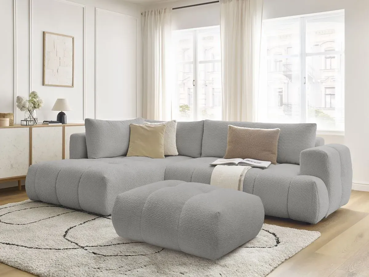 Canapé d'angle L convertible FUJI tissu bouclette avec pouf gris clair  angle gauche BOBOCHIC 4 places
