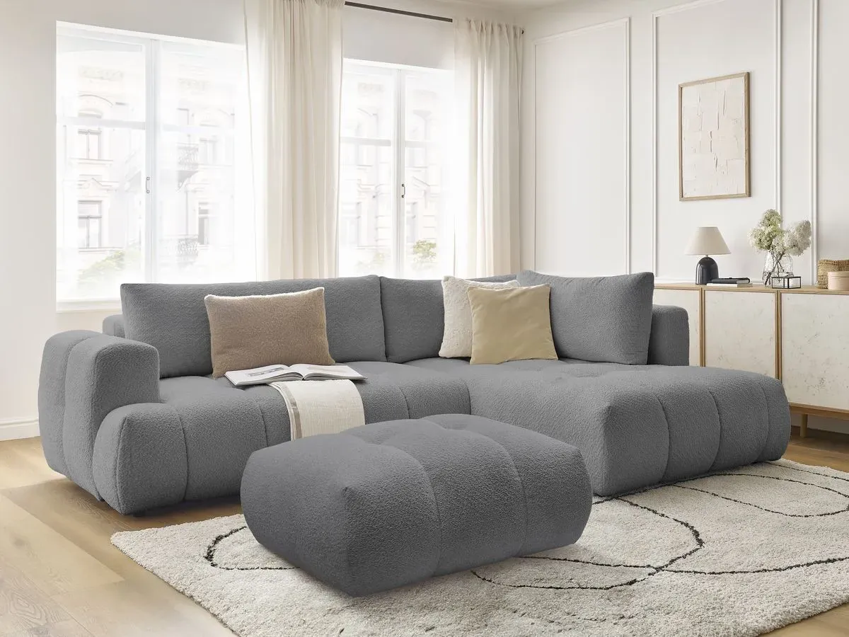 Canapé d'angle L convertible FUJI tissu bouclette avec pouf gris foncé  angle droit BOBOCHIC 4 places