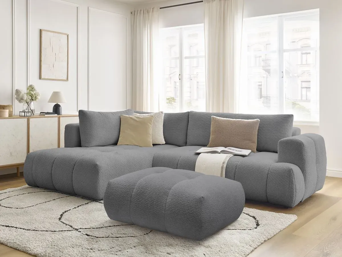 Canapé d'angle L convertible FUJI tissu bouclette avec pouf gris foncé  angle gauche BOBOCHIC 4 places