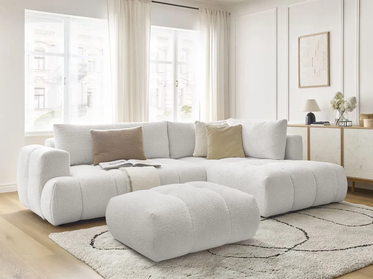 Canapé d'angle L convertible FUJI tissu bouclette avec pouf blanc  angle droit BOBOCHIC 4 places