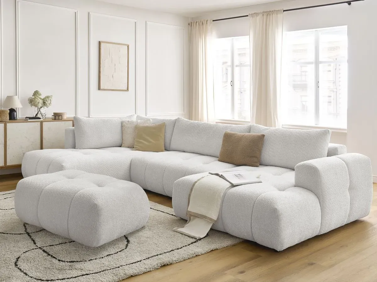 Canapé panoramique convertible FUJI tissu bouclette avec pouf blanc  angle droit BOBOCHIC 5 places