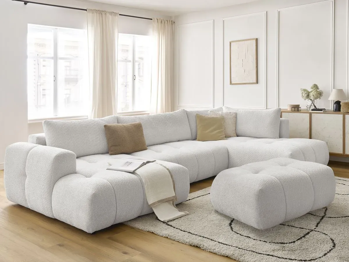 Canapé panoramique convertible FUJI tissu bouclette avec pouf blanc  angle gauche BOBOCHIC 5 places