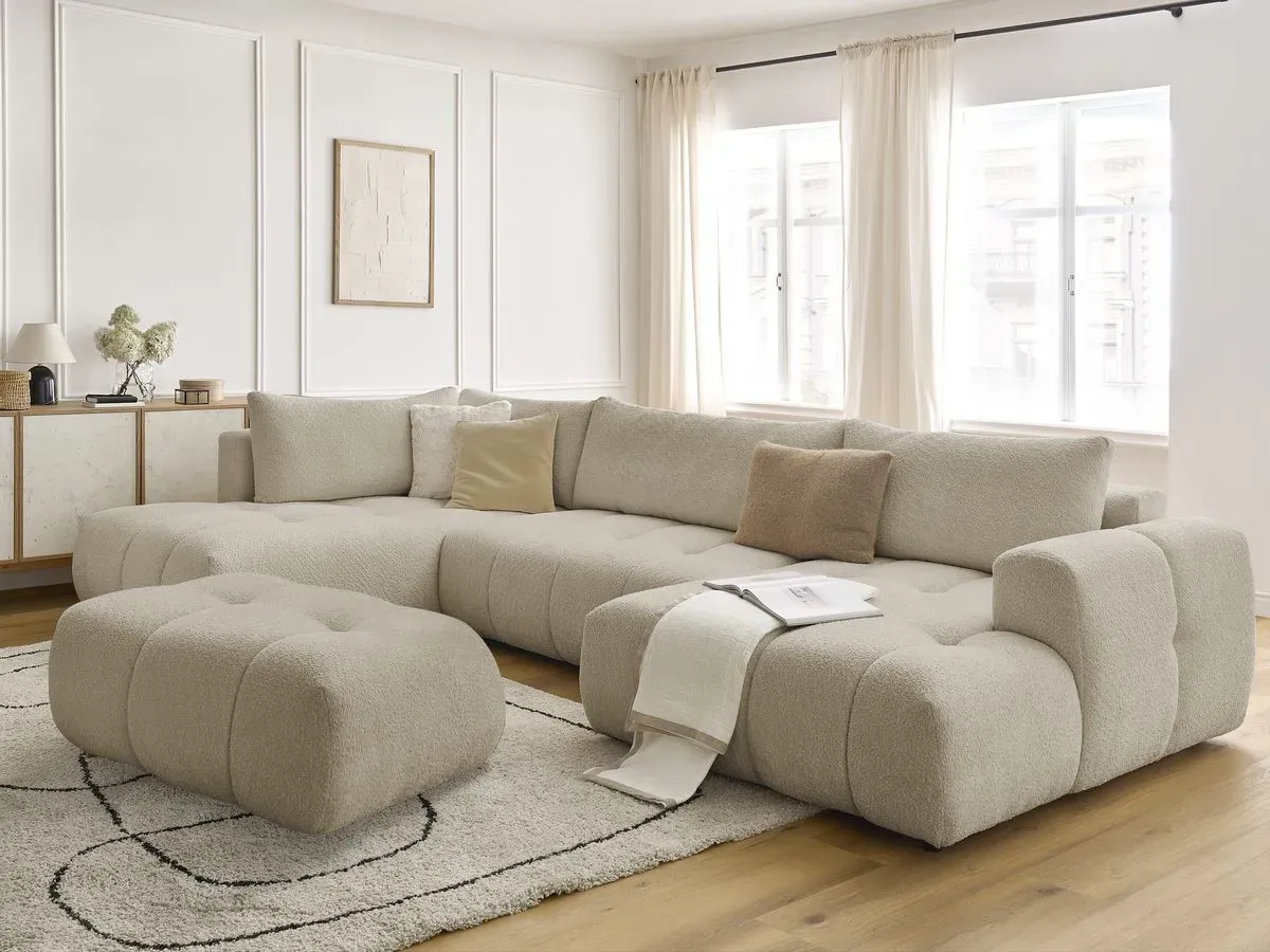 Canapé panoramique convertible FUJI tissu bouclette avec pouf beige  angle droit BOBOCHIC 5 places