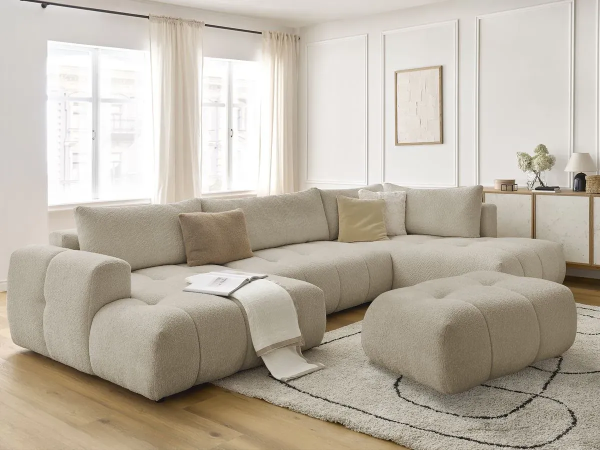 Canapé panoramique convertible FUJI tissu bouclette avec pouf beige  angle gauche BOBOCHIC 5 places