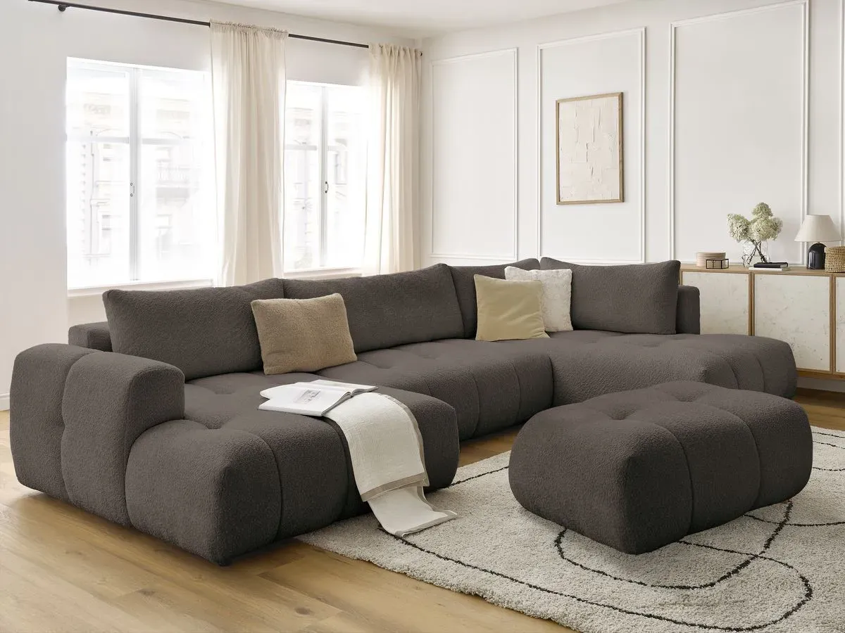 Canapé panoramique convertible FUJI tissu bouclette avec pouf marron  angle gauche BOBOCHIC 5 places