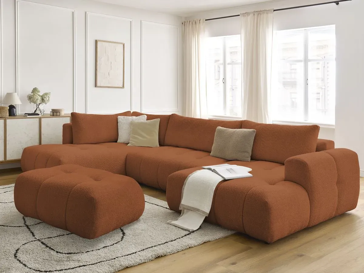 Canapé panoramique convertible FUJI tissu bouclette avec pouf orange  angle droit BOBOCHIC 5 places
