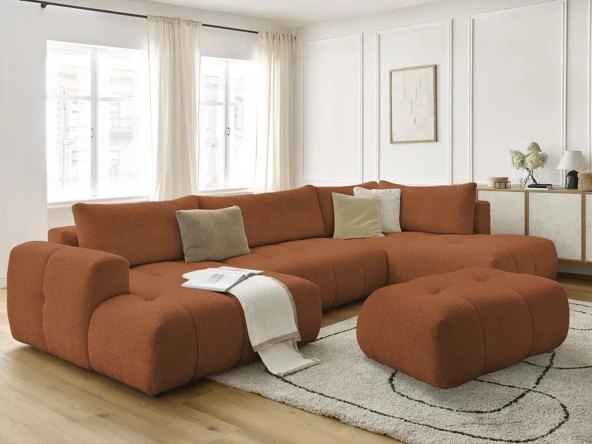 Canapé panoramique convertible FUJI tissu bouclette avec pouf orange  angle gauche BOBOCHIC 5 places