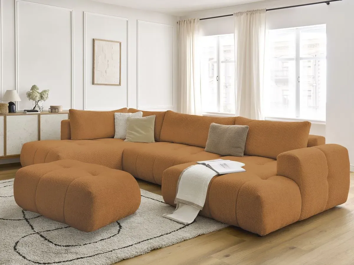 Canapé panoramique convertible FUJI tissu bouclette avec pouf jaune  angle droit BOBOCHIC 5 places