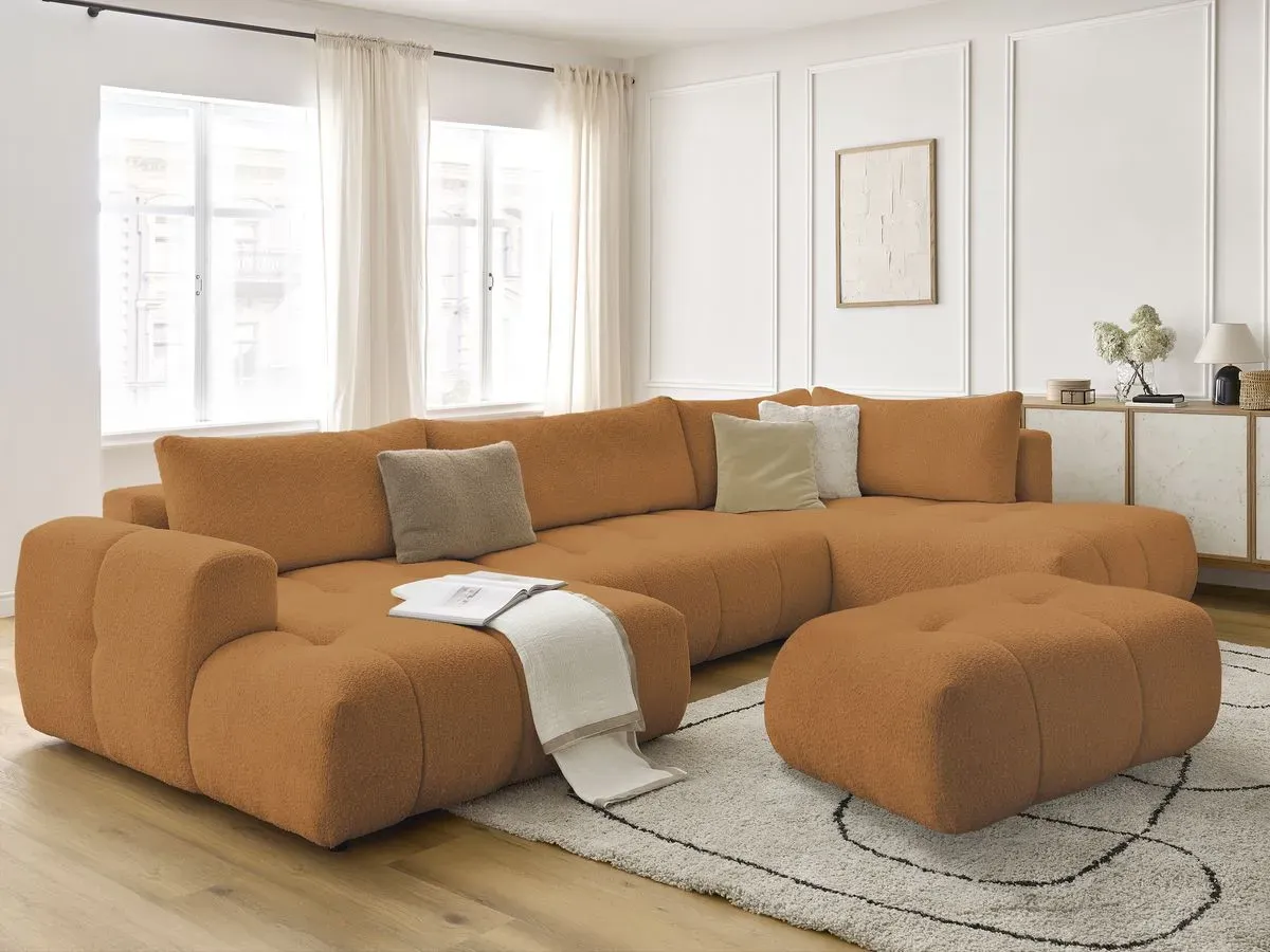 Canapé panoramique convertible FUJI tissu bouclette avec pouf jaune  angle gauche BOBOCHIC 5 places