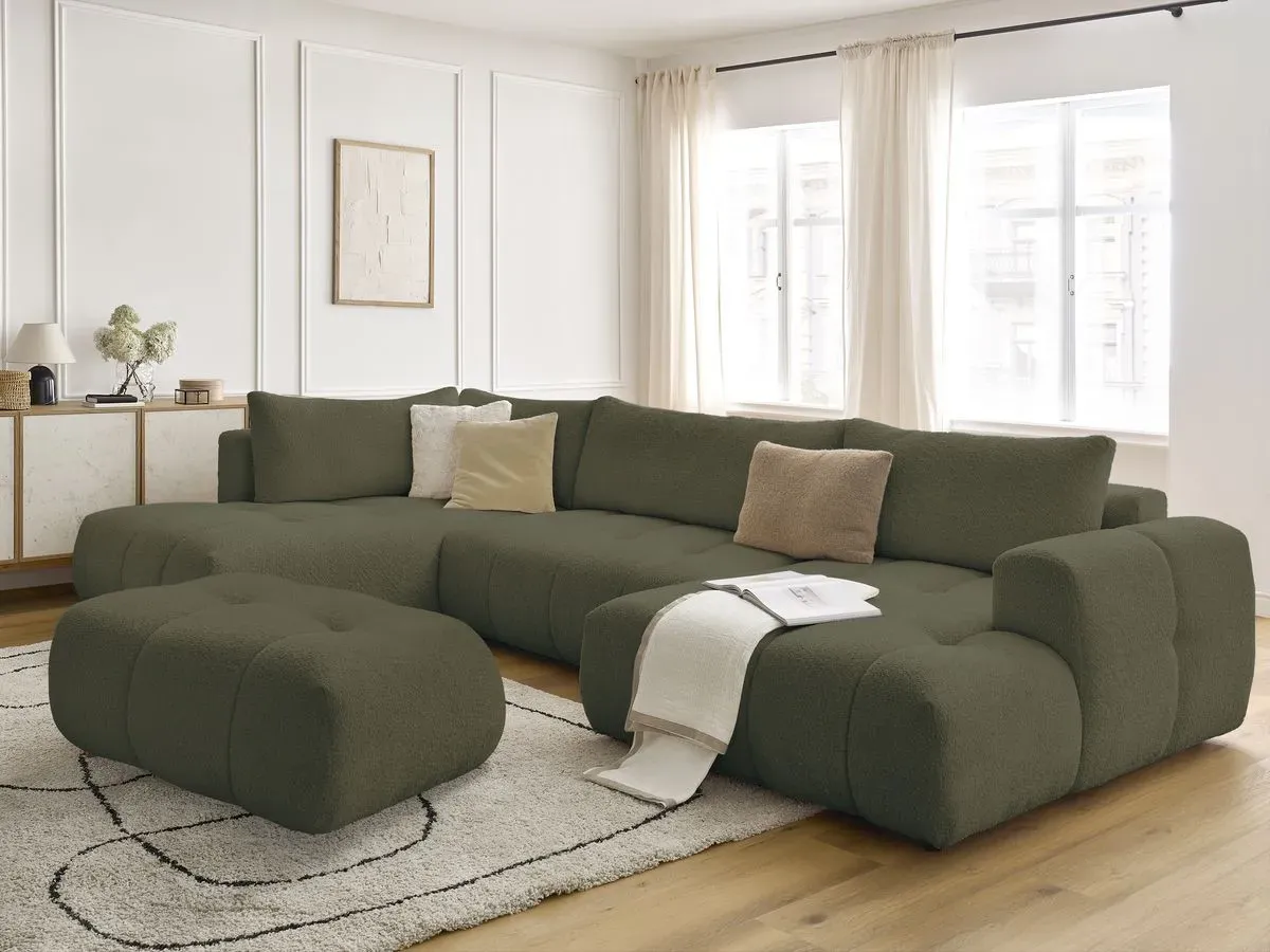 Canapé panoramique convertible FUJI tissu bouclette avec pouf vert  angle droit BOBOCHIC 5 places